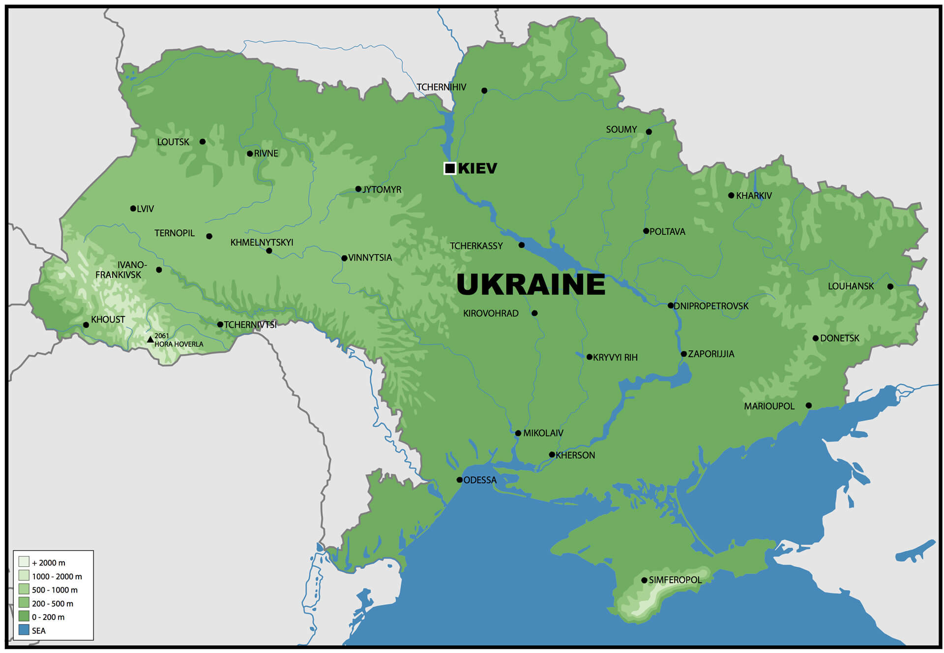Ukrayna Büyük Boy Fiziki Haritası
